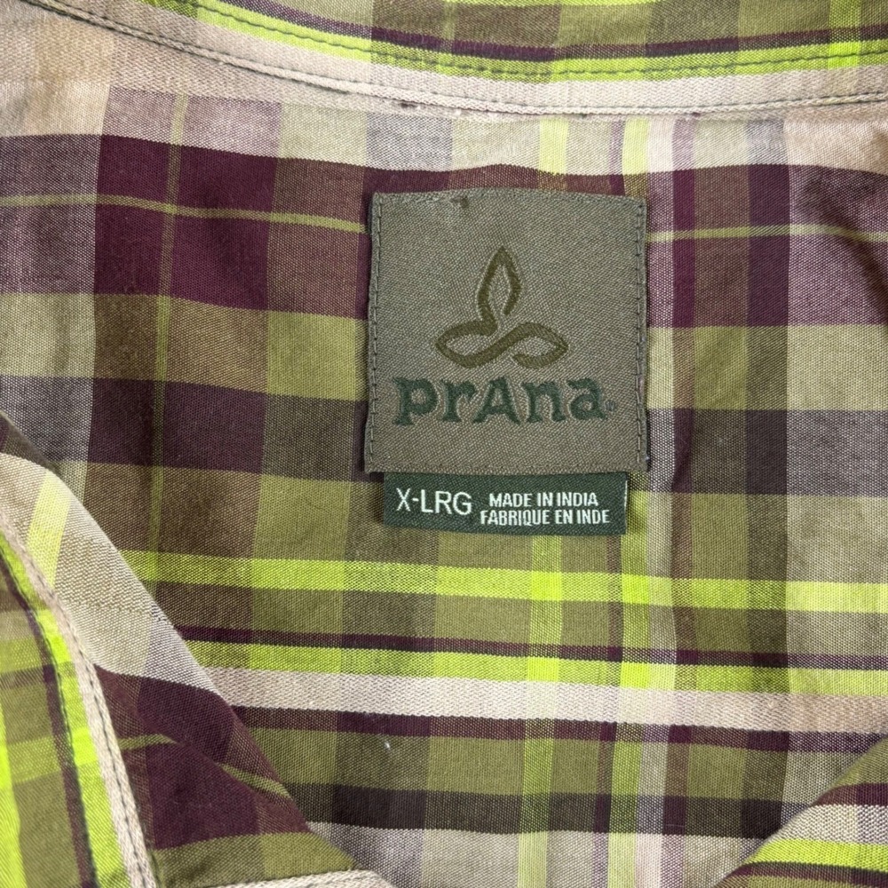 Prana Men's XL Plaid Pearl Snap Shirt Green Burgundy Beige Long Sleeve‎ Outdoor - Picture 7 of 12